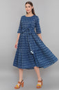 Janasya Blue Cotton Woven Design Flared Casual Dress