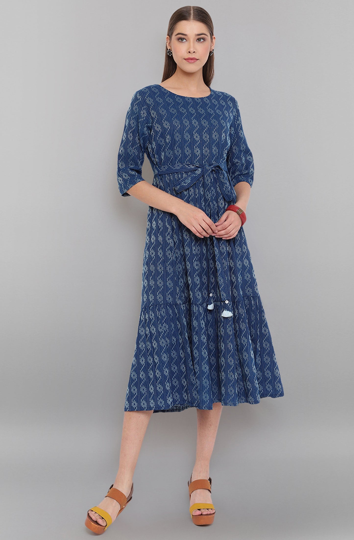Janasya Blue Cotton Woven Design Flared Casual Dress