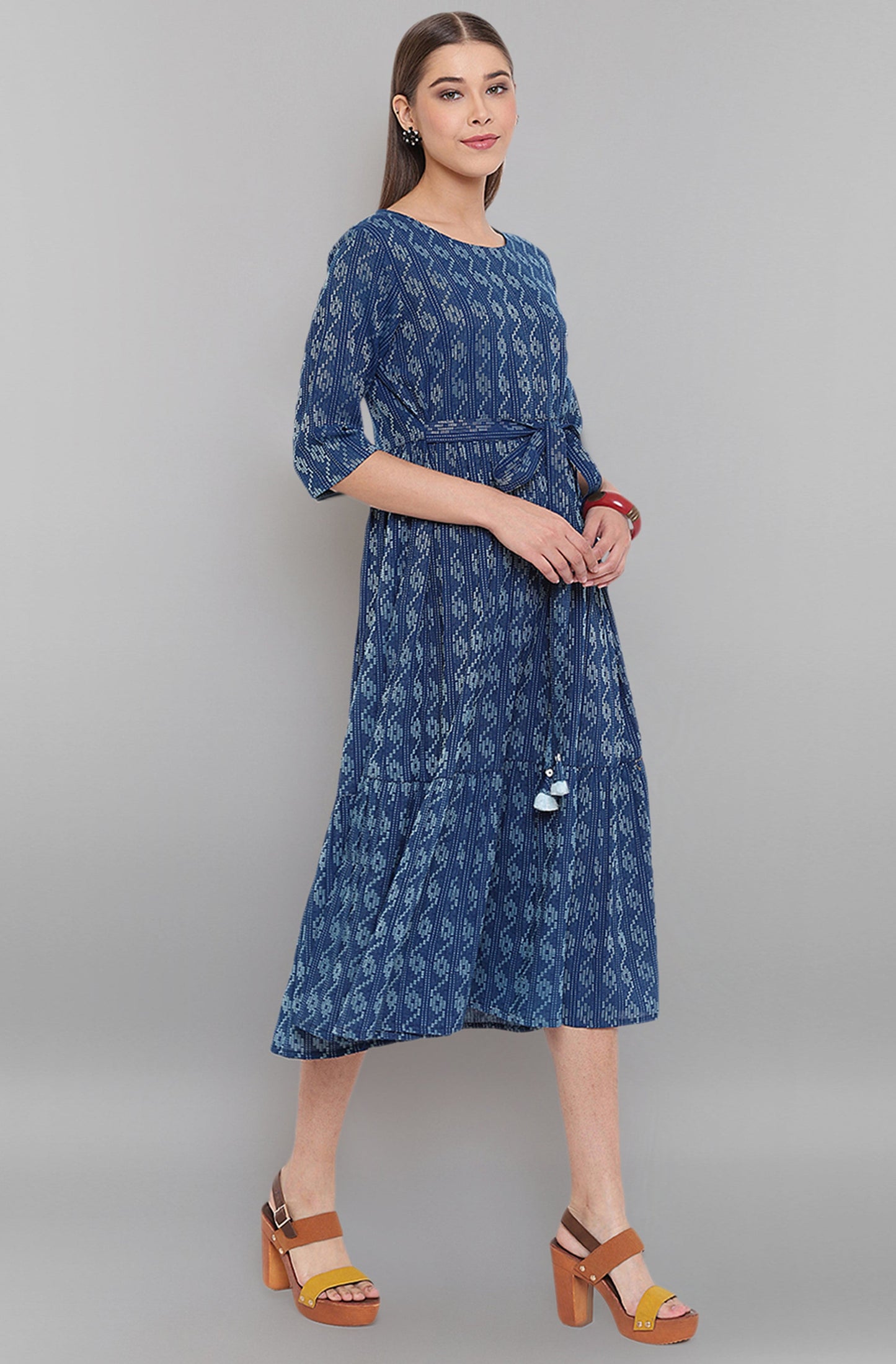 Janasya Blue Cotton Woven Design Flared Casual Dress