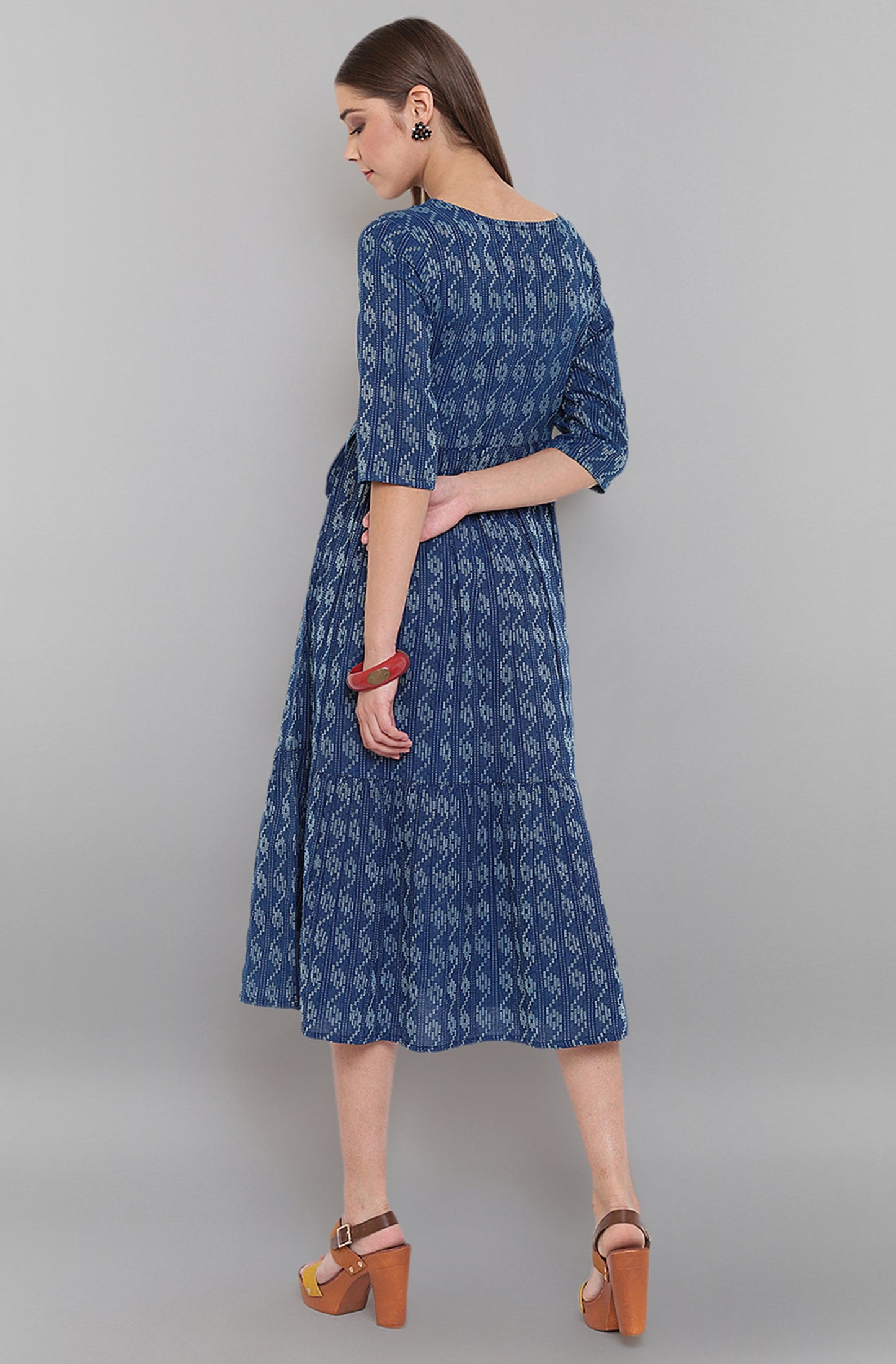 Janasya Blue Cotton Woven Design Flared Casual Dress