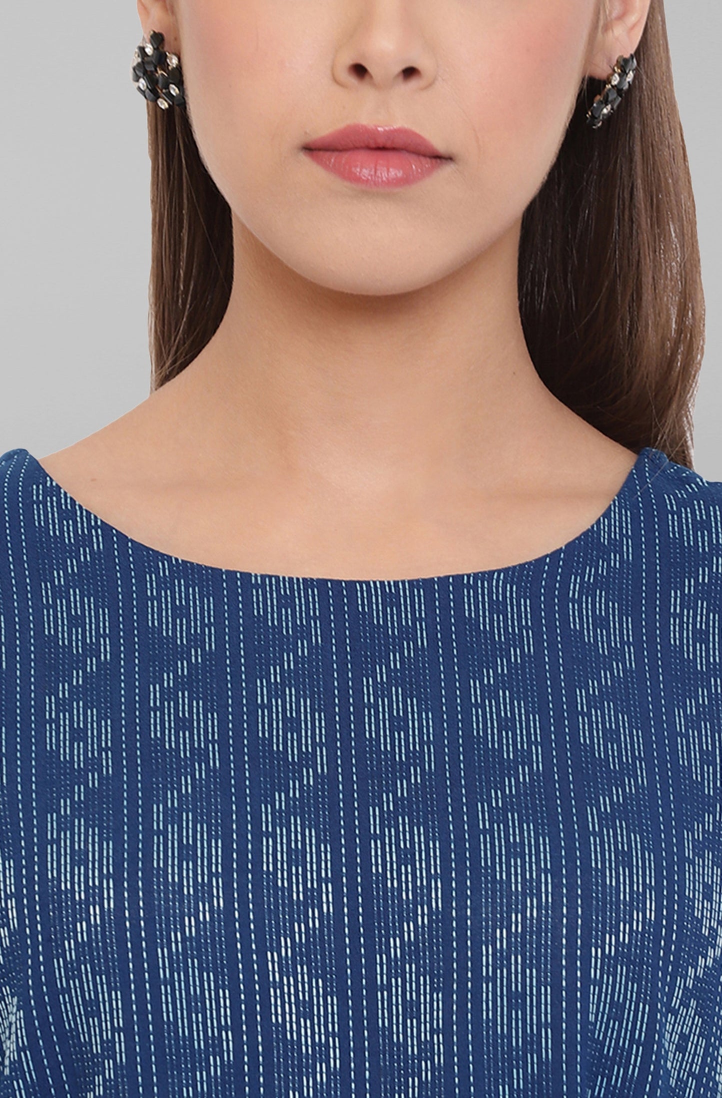 Janasya Blue Cotton Woven Design Flared Casual Dress