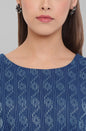 Janasya Blue Cotton Woven Design Flared Casual Dress