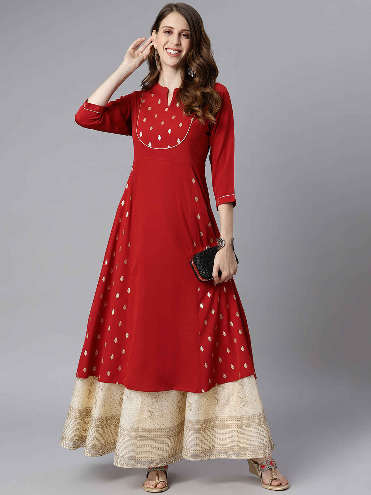 Janasya Maroon Poly Crepe Ethnic Motifs A-line kurta
