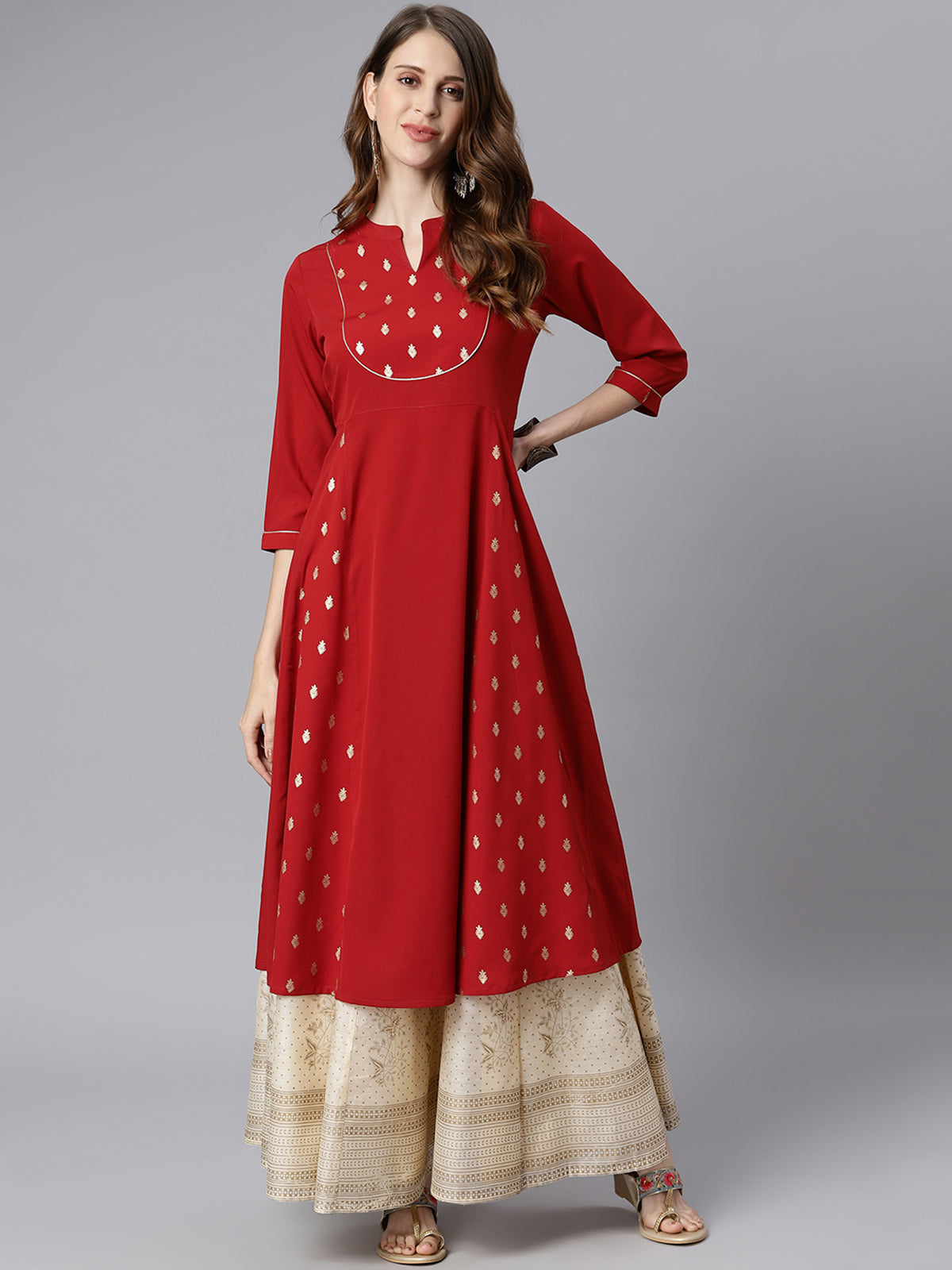 Janasya Maroon Poly Crepe Ethnic Motifs A-line kurta