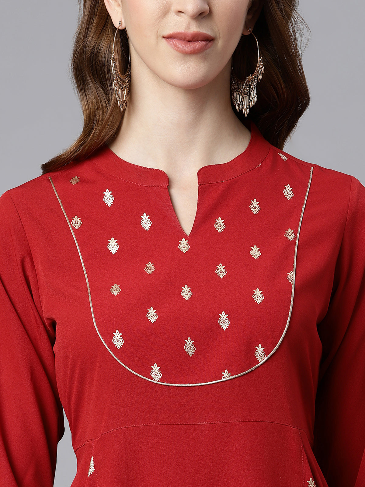 Janasya Maroon Poly Crepe Ethnic Motifs A-line kurta