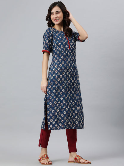 Janasya Women's Blue Rayon Floral Printed Casual Straight kurta