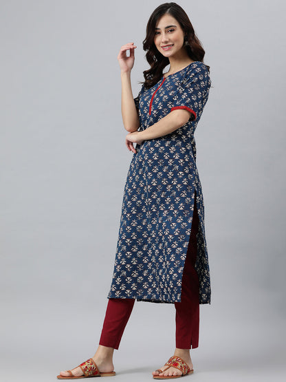 Janasya Women's Blue Rayon Floral Printed Casual Straight kurta