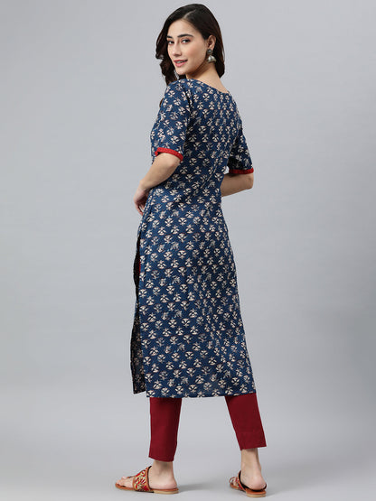 Janasya Women's Blue Rayon Floral Printed Casual Straight kurta