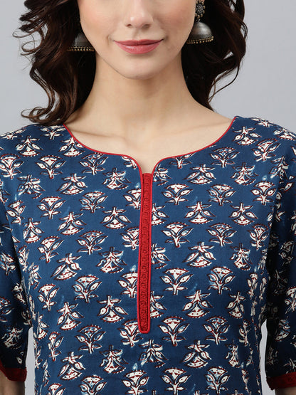 Janasya Women's Blue Rayon Floral Printed Casual Straight kurta