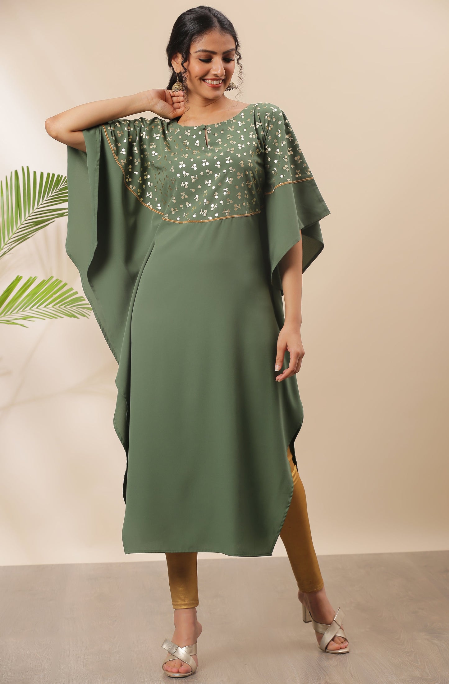 Janasya Green Poly Crepe Foil Print Kaftan kurta