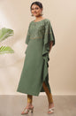 Janasya Green Poly Crepe Foil Print Kaftan kurta