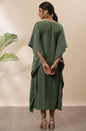 Janasya Green Poly Crepe Geometric Print Kaftan kurta