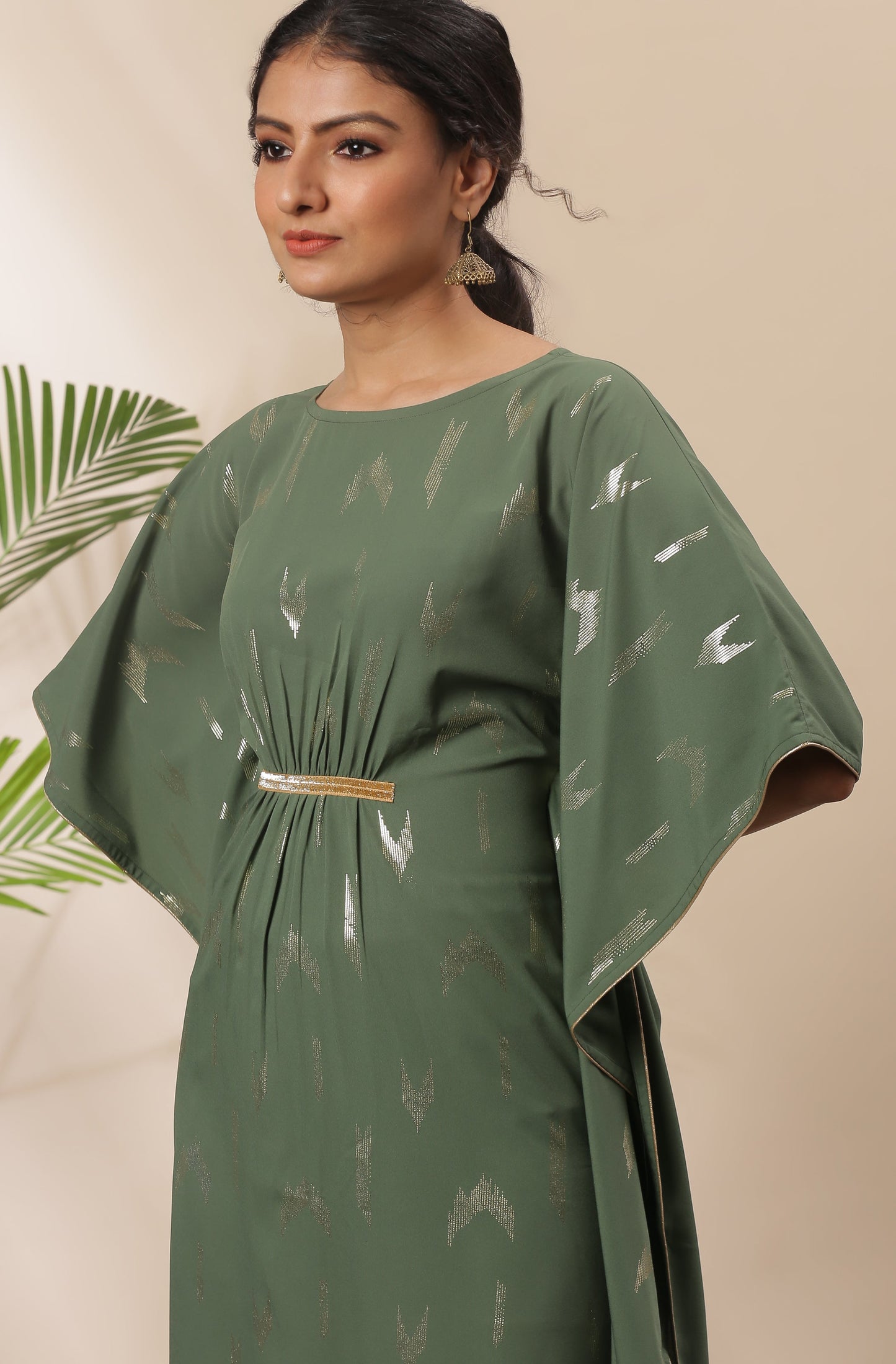 Janasya Green Poly Crepe Geometric Print Kaftan kurta