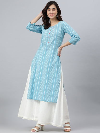 Indian Clothing Janasya Women's Blue Cotton Striped Casual Straight kurta