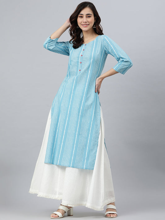 Indian Clothing Janasya Women's Blue Cotton Striped Casual Straight kurta