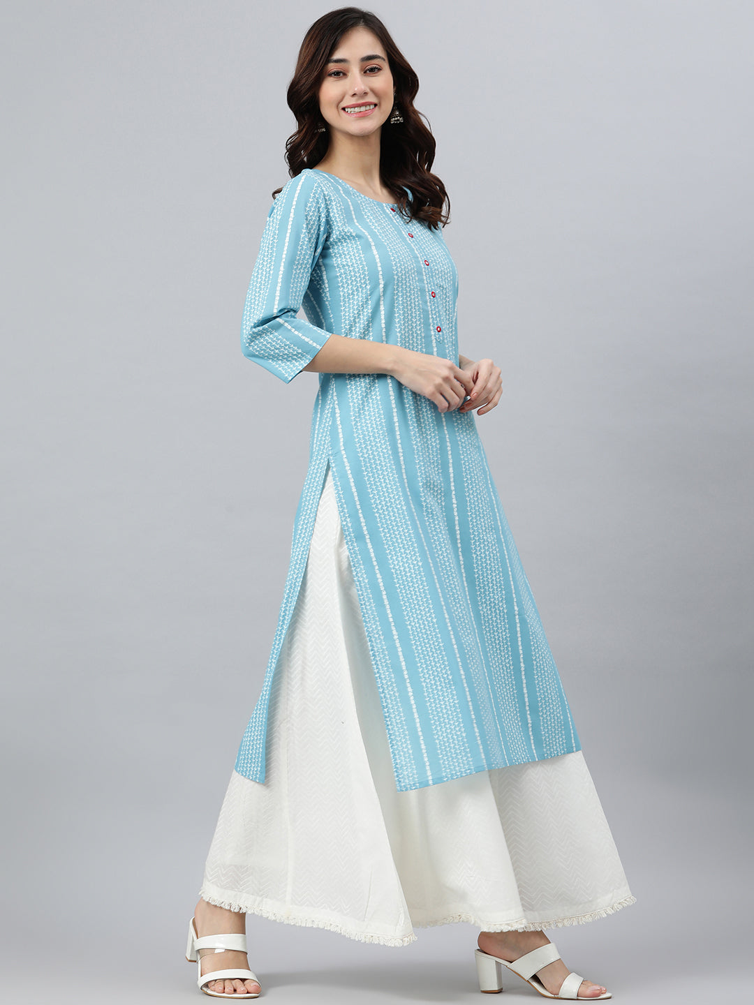 Indian Clothing Janasya Women's Blue Cotton Striped Casual Straight kurta