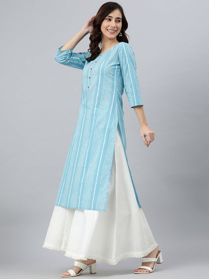 Indian Clothing Janasya Women's Blue Cotton Striped Casual Straight kurta