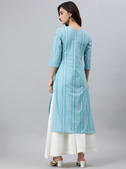 Indian Clothing Janasya Women's Blue Cotton Striped Casual Straight kurta
