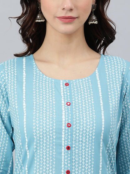 Indian Clothing Janasya Women's Blue Cotton Striped Casual Straight kurta
