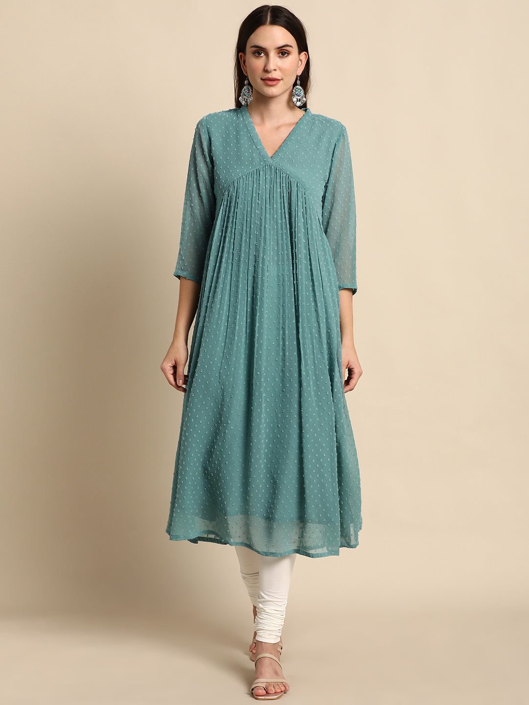 Janasya Women's Green Poly Chiffon Self Design Flared Western Dress