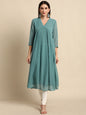 Janasya Women's Green Poly Chiffon Self Design Flared Western Dress