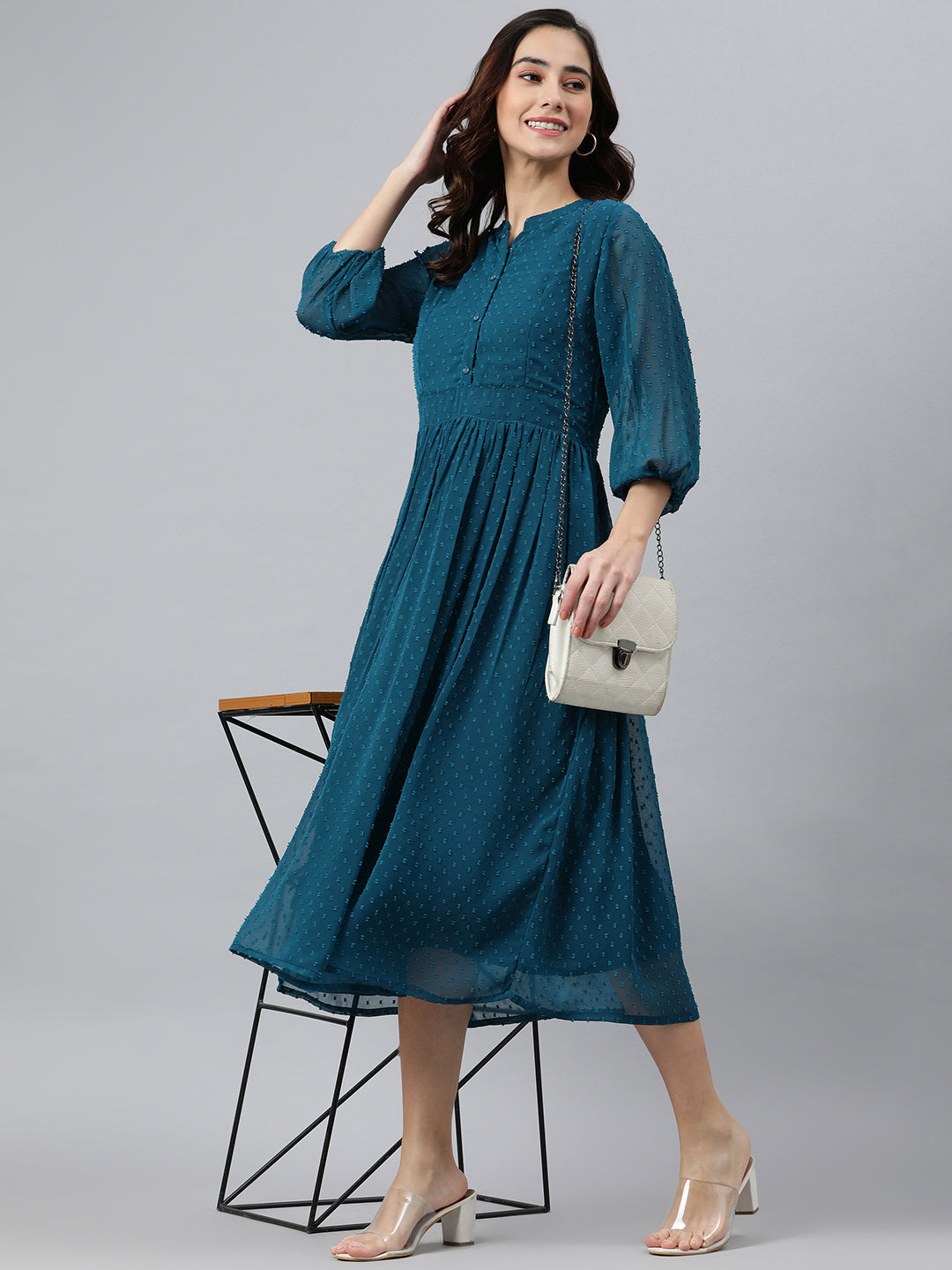 Janasya Women's Teal Poly Chiffon Self Design Flared Western Dress