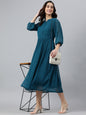 Janasya Women's Teal Poly Chiffon Self Design Flared Western Dress