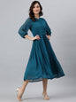 Janasya Women's Teal Poly Chiffon Self Design Flared Western Dress