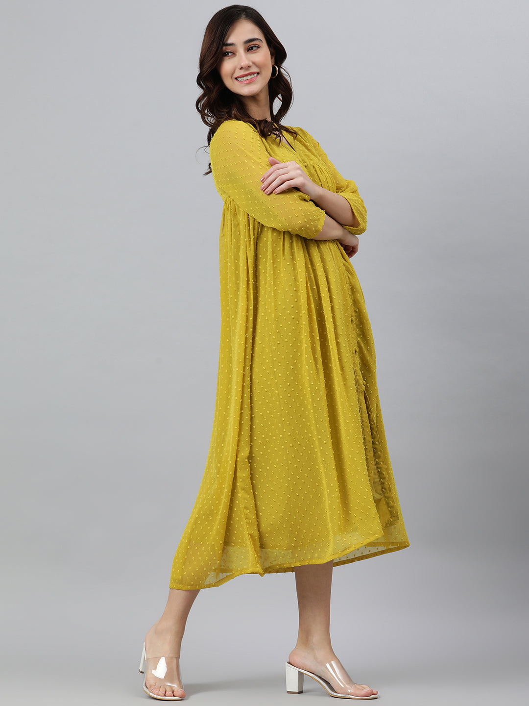 Janasya Women's Mustard Poly Chiffon Self Design Frontslit Western Dress
