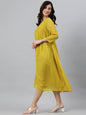 Janasya Women's Mustard Poly Chiffon Self Design Frontslit Western Dress