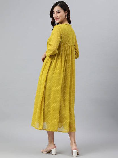 Janasya Women's Mustard Poly Chiffon Self Design Frontslit Western Dress