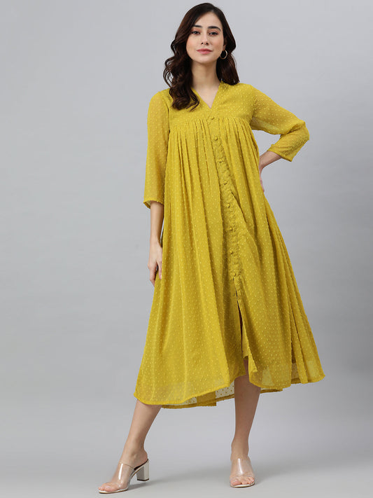 Janasya Women's Mustard Poly Chiffon Self Design Casual Frontslit kurta