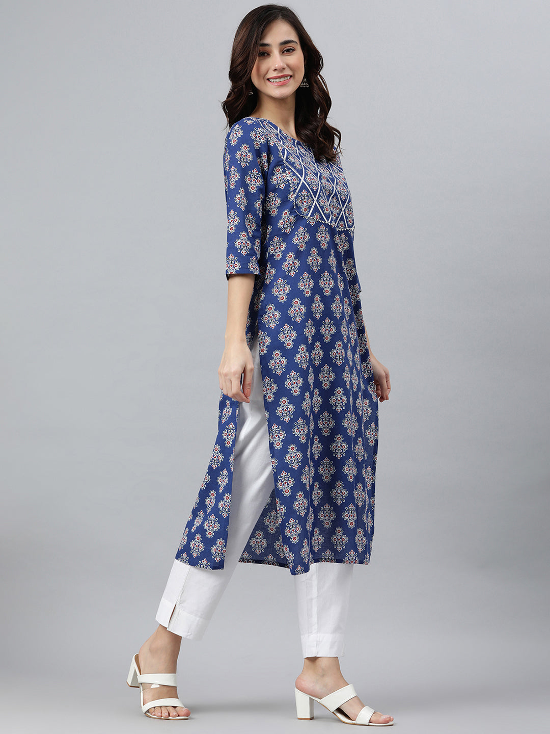 Indian Clothing Janasya Women's Blue Cotton Floral Printed Casual Straight kurta