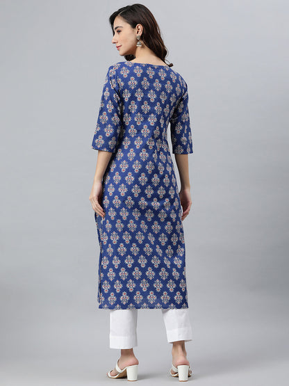 Indian Clothing Janasya Women's Blue Cotton Floral Printed Casual Straight kurta