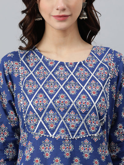 Indian Clothing Janasya Women's Blue Cotton Floral Printed Casual Straight kurta