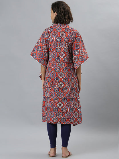 Janasya Women's Orange Cotton Floral Print Casual Kaftan Kurta
