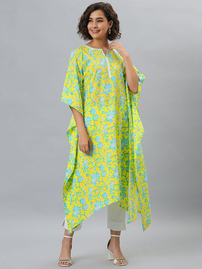 Janasya Women's Yellow Cotton Floral Print Casual Kaftan Kurta