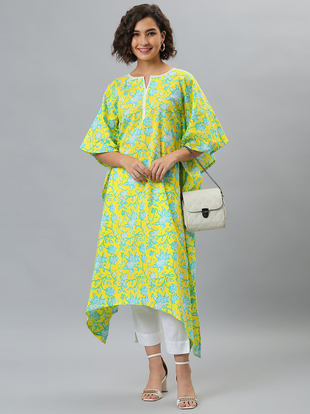 Janasya Women's Yellow Cotton Floral Print Casual Kaftan Kurta