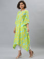 Janasya Women's Yellow Cotton Floral Print Casual Kaftan Kurta
