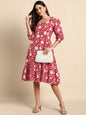 Janasya Women's Red Cotton Floral Printed A-line Western Dress