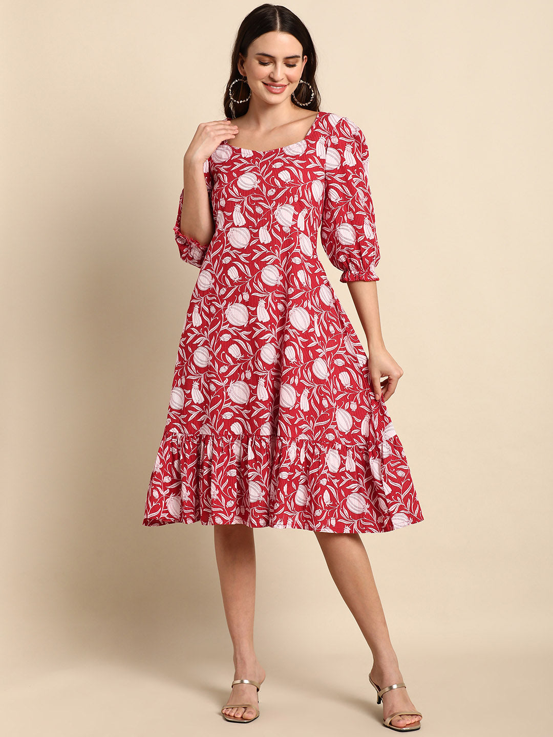 Janasya Women's Red Cotton Floral Printed A-line Western Dress