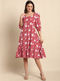 Janasya Women's Red Cotton Floral Printed A-line Western Dress