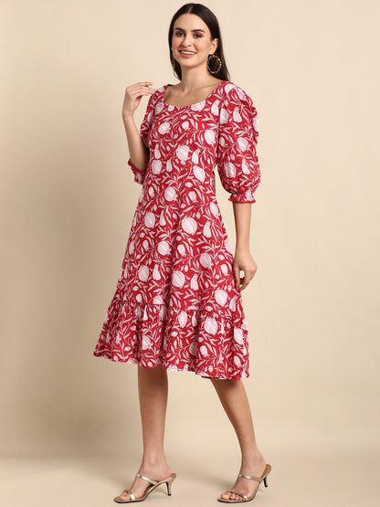 Janasya Women's Red Cotton Floral Printed A-line Western Dress