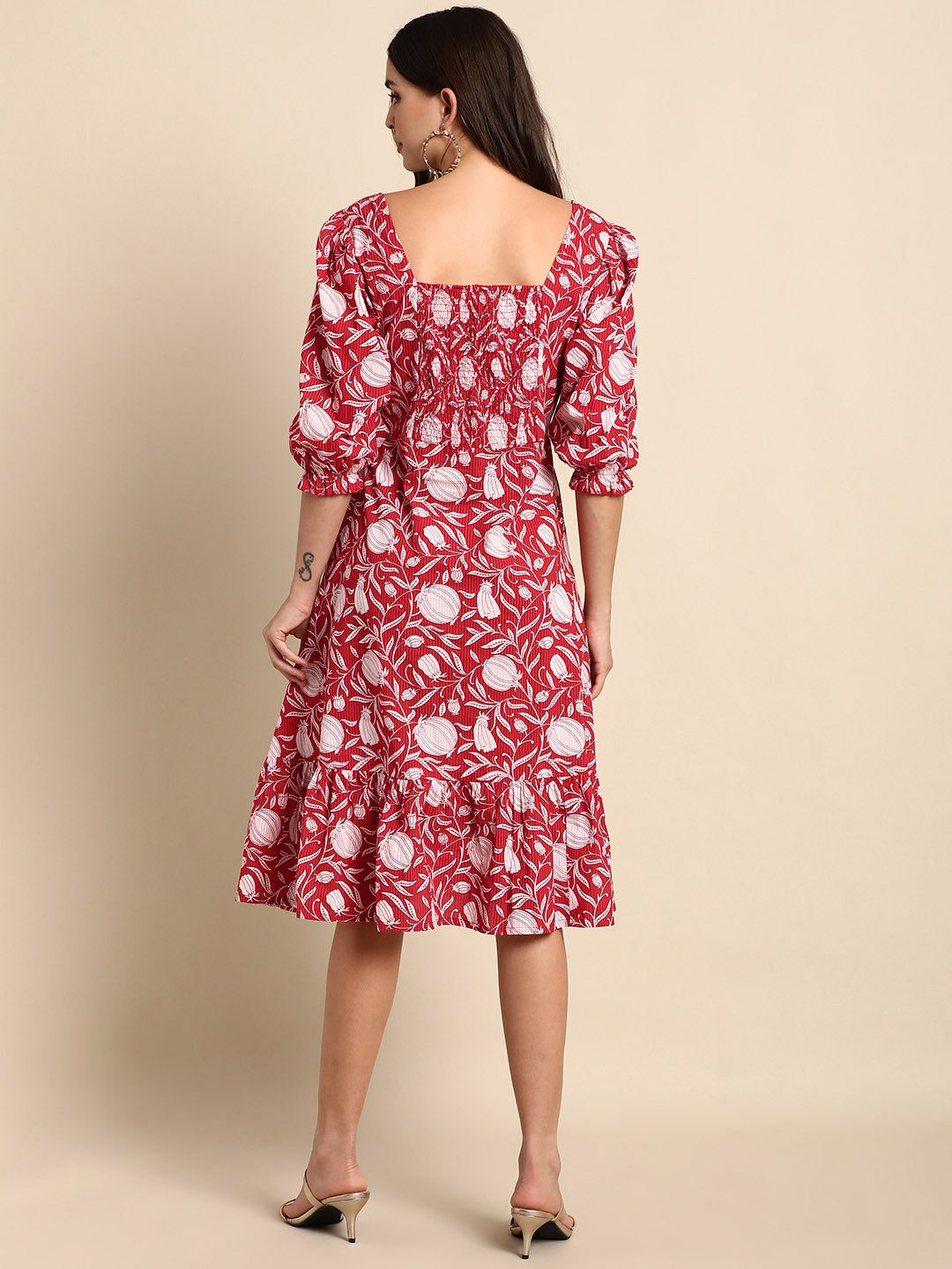 Janasya Women's Red Cotton Floral Printed A-line Western Dress