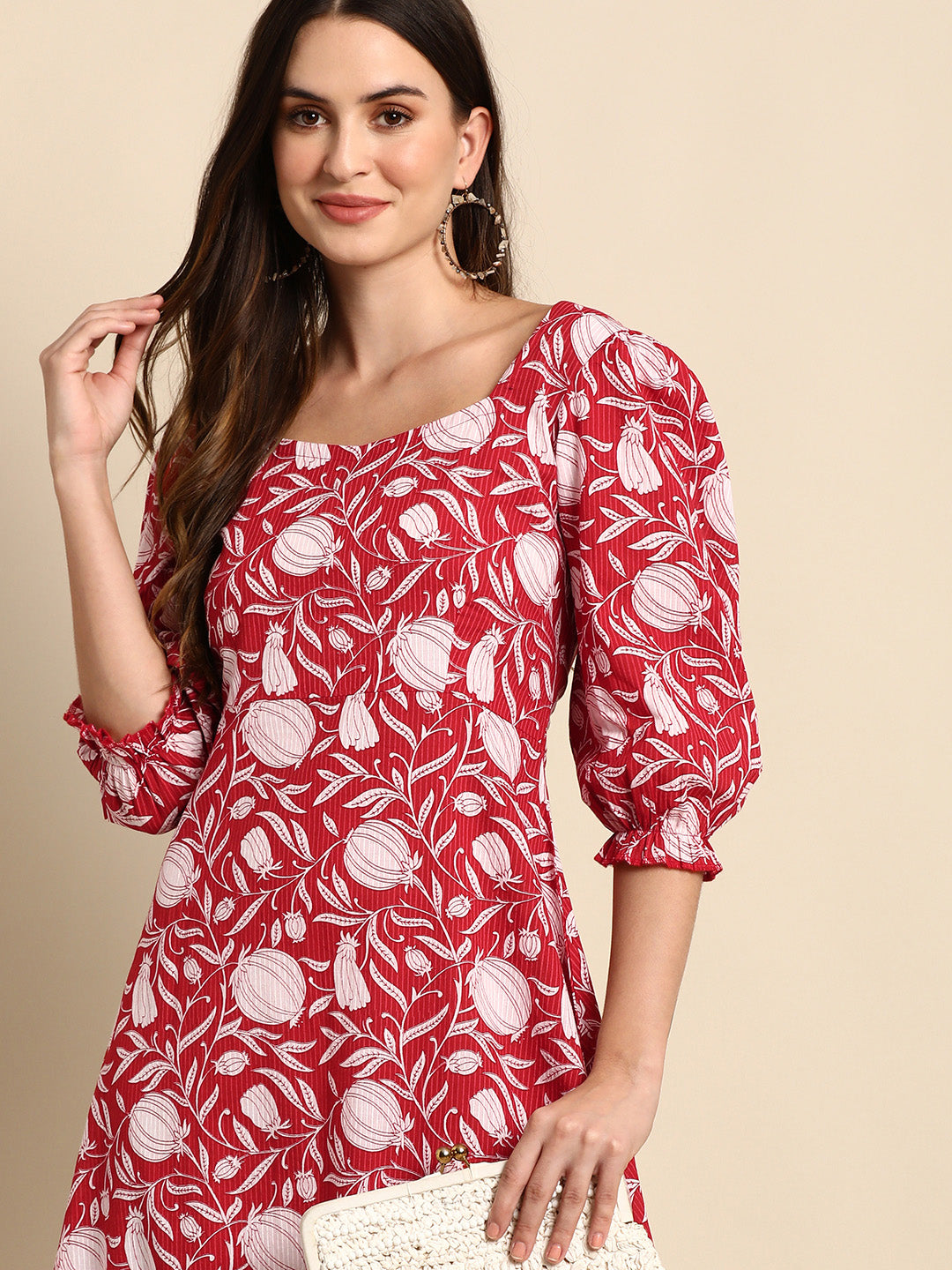 Janasya Women's Red Cotton Floral Printed A-line Western Dress