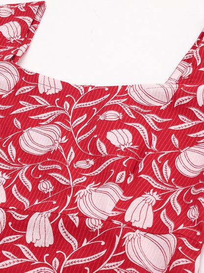 Janasya Women's Red Cotton Floral Printed A-line Western Dress