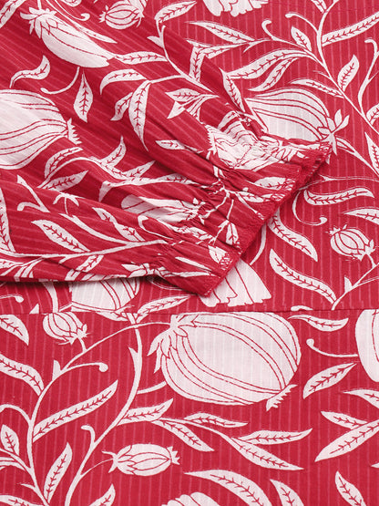 Janasya Women's Red Cotton Floral Printed A-line Western Dress