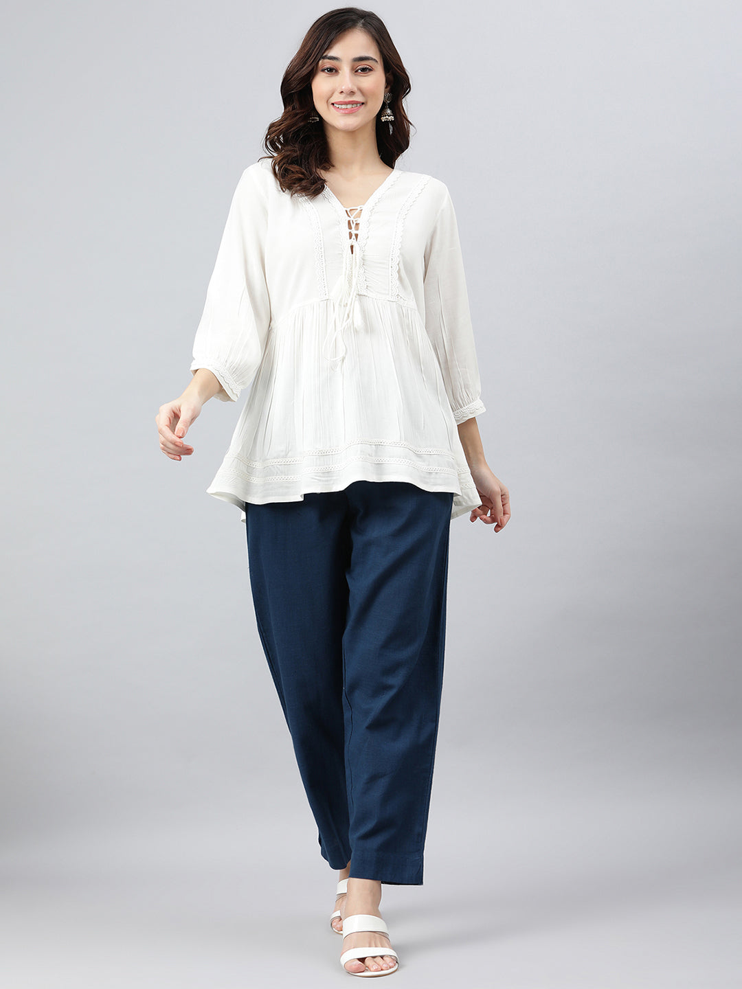 Janasya Women's White Rayon Solid Flared Top