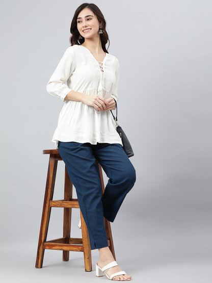Janasya Women's White Rayon Solid Flared Top