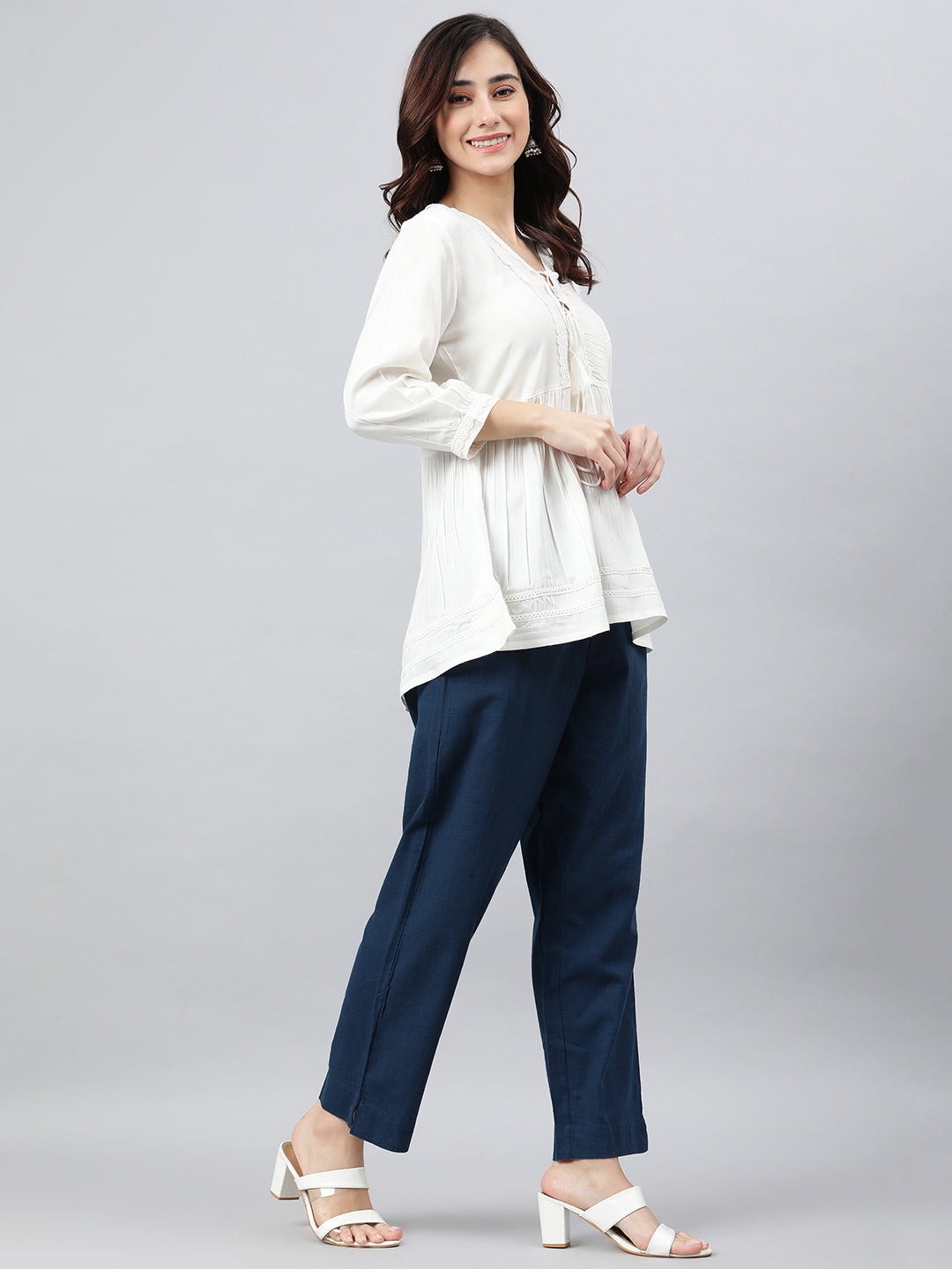 Janasya Women's White Rayon Solid Flared Top